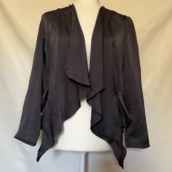 Hinge 100% Silk Open Front Womens Jacket Size XS Black Textured Pockets Flutter - Picture 11 of 11